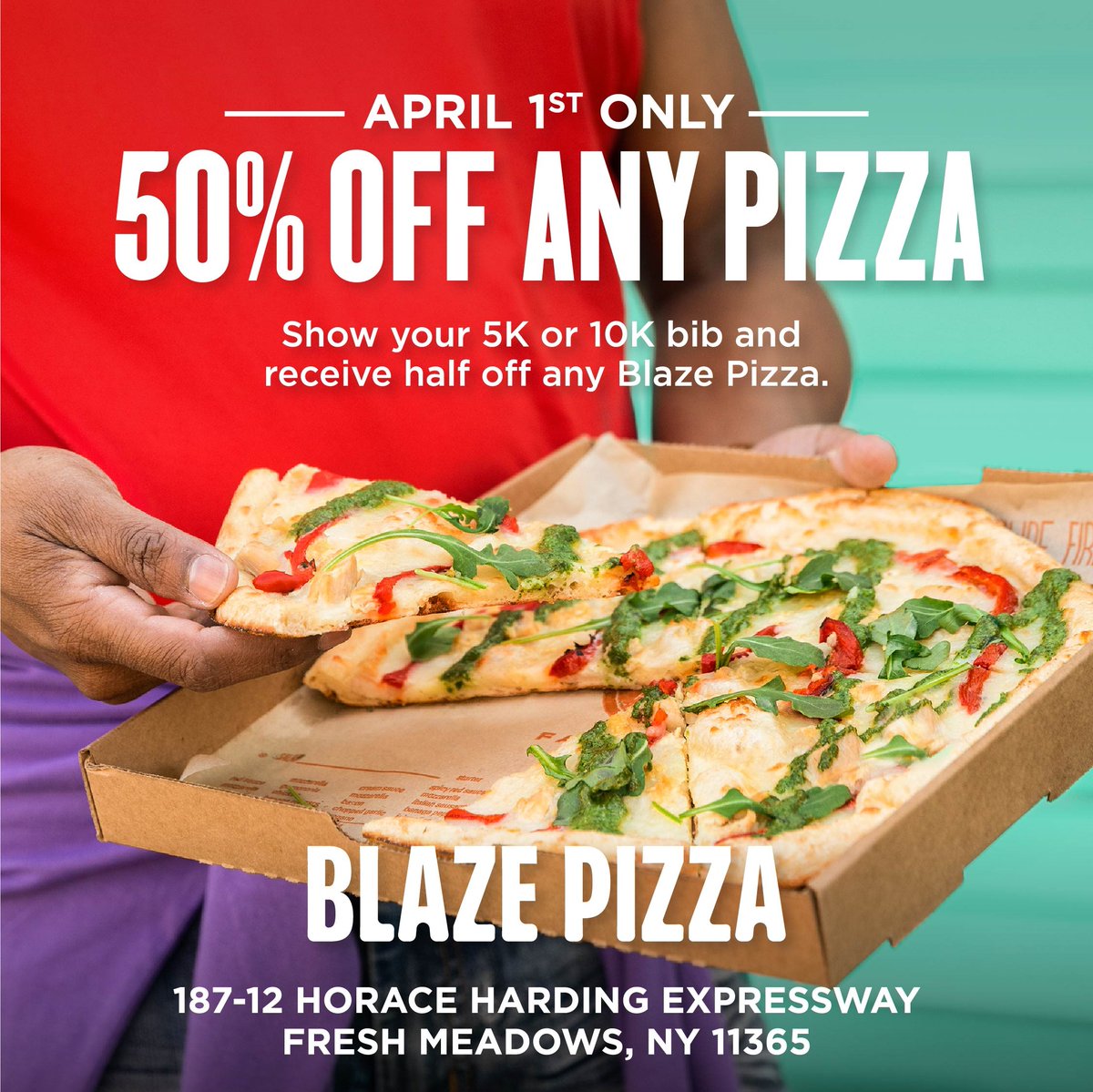 Running with us this weekend for the NYCRUNS #Queens5K10K? Make your post-race plans now to head over to #BlazePizza to get 50% off any pizza for all our runners! Just show your bib and enjoy a cheesy, well-deserved feast!🍕