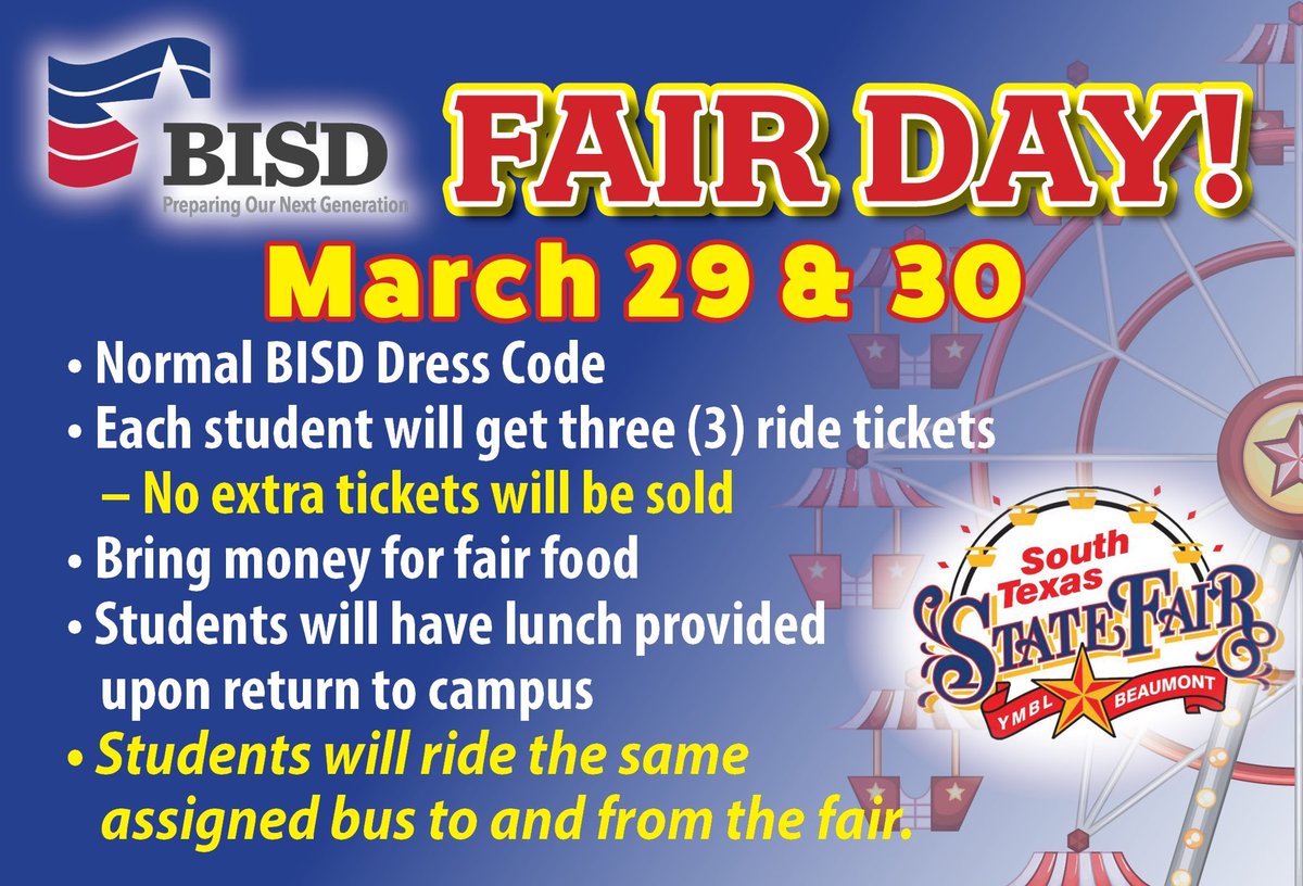 BeaumontISD's tweet photo. It’s that time again!
#YMBLSouthTexasStateFair #BMTISD #BMTISDRocks https://t.co/xrmf1rFAqG