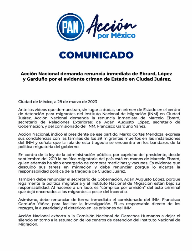 AccionNacional's tweet photo. Exigimos la renuncia inmediata de @m_ebrard, @adan_augusto y @fgymexico por el evidente crimen de Estado en el centro de detención para migrantes del @INAMI_mx en Ciudad Juárez. En medio del incendio, dejaron encerrados a los migrantes sin importarles su vida. https://t.co/MLJeY990pc