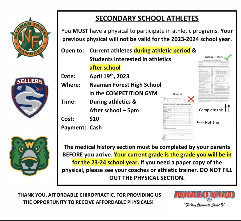 Physicals must be done in order to participate in summer workouts! Current athletes will be done during their respective athletic periods and all others after school!