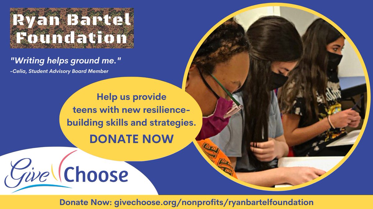 Young people engage in activities they can use when feeling anxious, sad, or alone such as writing at the FORT. Please donate today to help us provide programs that help teens develop tools to cope when life gets messy. givechoose.org/nonprofits/rya…
#givechoose #givechoose2023