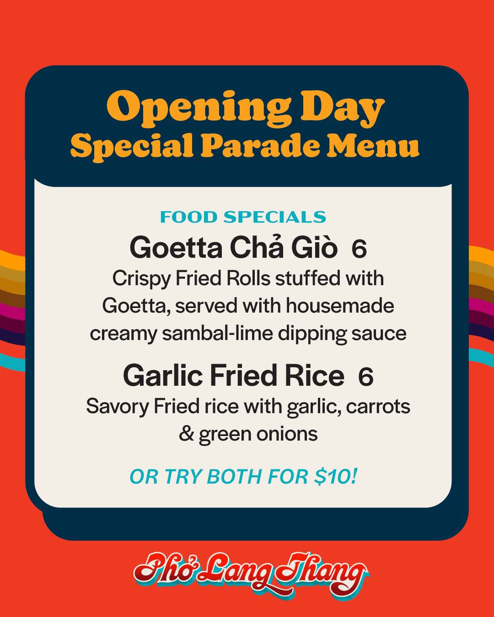 pholangthang's tweet image. Opening Day hours &amp;amp; specials alert! We will have a special limited menu and full bar from 9-4pm on opening day, regular dinner menu &amp;amp; hours from 5-10pm. See y’all at the parade! #pholangthang #dothelangthang #openingday #cincinnati #goetta
