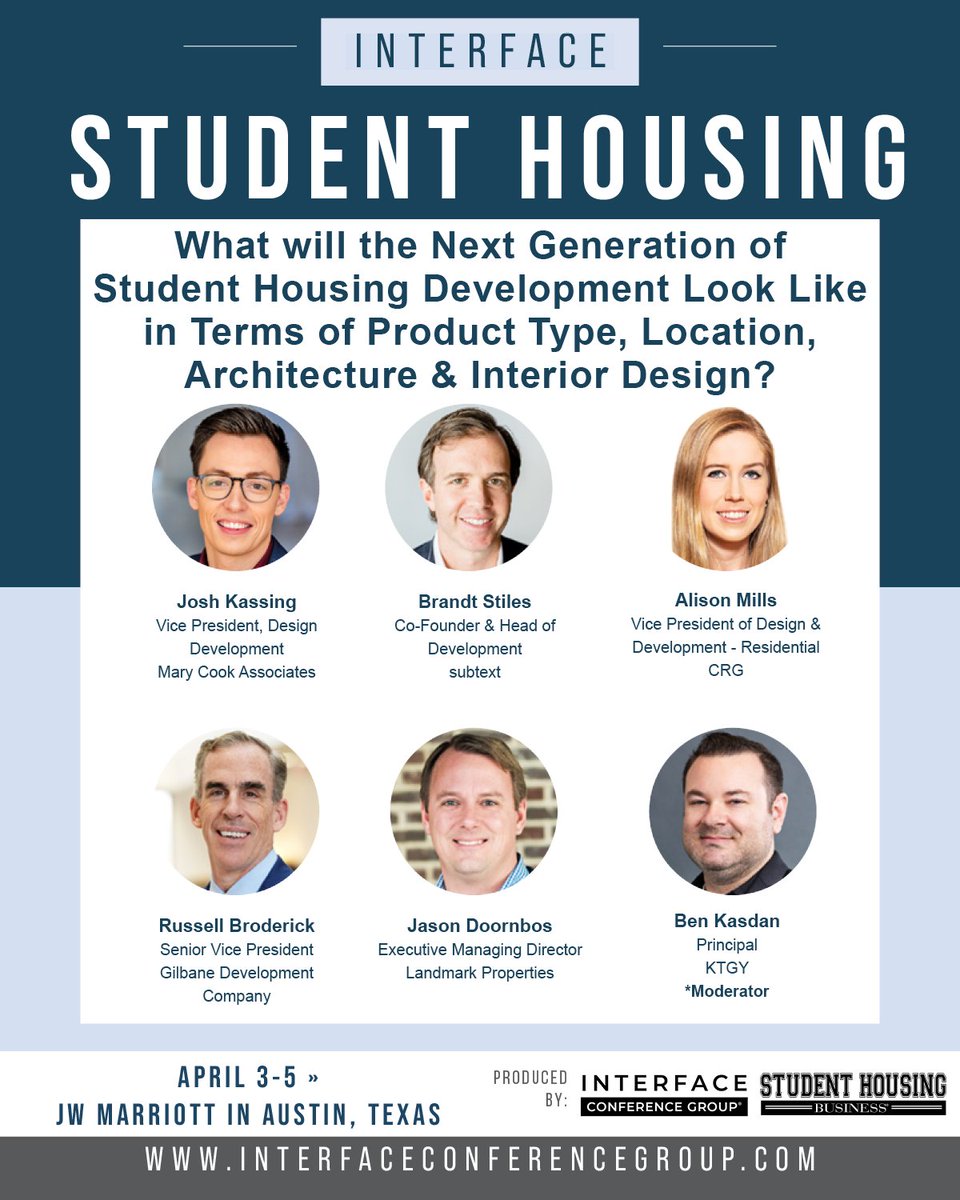 Looking forward to moderating a panel at the #InterFaceStudentHousing Conference in #ATX about the next generation of #studenthousing w/ <a href="/MaryCookAssoc/">Mary Cook Associates Interiors</a>, #subtext, #CRG, <a href="/GilbaneDevCo/">Gilbane Development</a> &amp; <a href="/LandmarkProps/">LandmarkProperties</a> 

web.cvent.com/event/b5cd66fe…

#KTGY #studenthousing #architecture #oneteamonedream