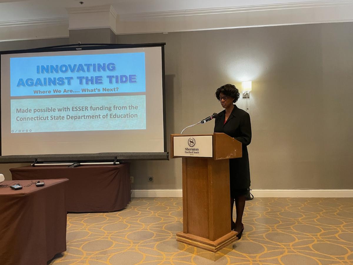 EducateCT's tweet photo. It was great to hear about how ESSER funds are being put to use in our districts at the @capssct Innovating Against the Tide conference in Rocky Hill today. Thank you to @capssct for your work to bring district superintendents and leaders together under one roof for this event! https://t.co/jub1LIiUH3