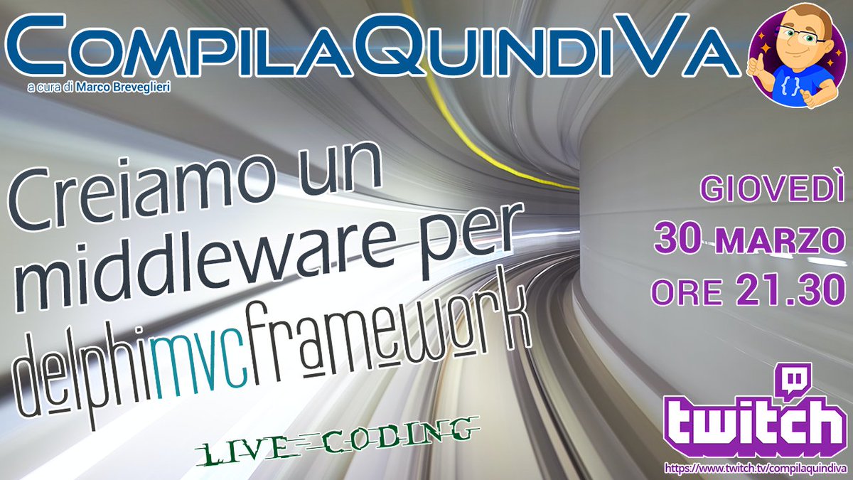 mbreveglieri's tweet image. Giovedì 30 marzo alle 21.30 ci vediamo sul mio canale #Twitch: creeremo un middleware per integrare #DelphiMVCFramework, il più usato per creare Web API in #Delphi, con il &quot;neonato&quot; client per il celebre tool di monitoring @PrometheusIO. Vi aspetto qui! twitch.tv/compilaquindiva