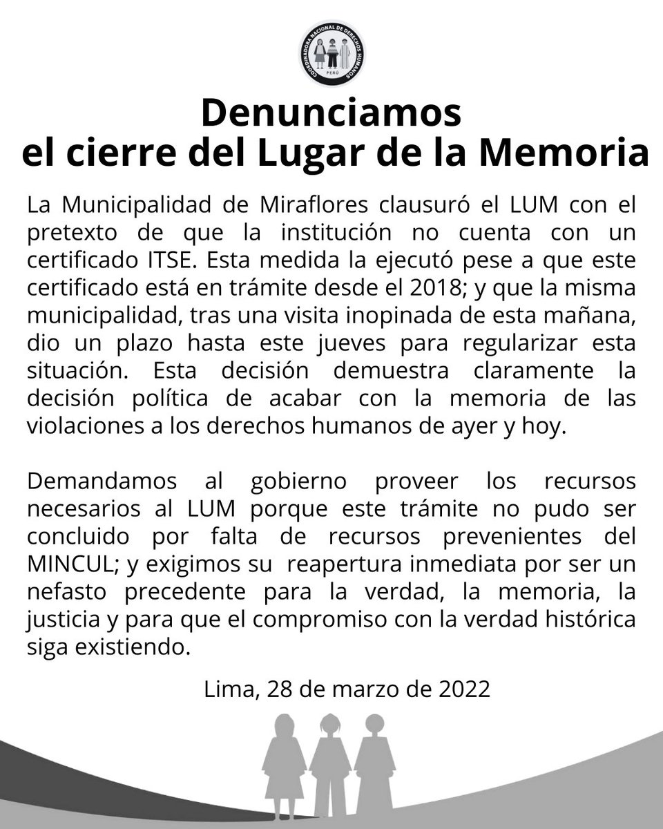 🚨#URGENTE
Denunciamos el cierre del Lugar de la Memoria, #LUM, x la <a href="/MuniMiraflores/">Muni de Miraflores</a>. Esta medida demuestra claramente la decisión política de acabar con la memoria de la violaciones a los #DDHH de ayer y hoy.
¡Exigimos su reapertura inmediata!
#Memoria #Verdad #Justicia 
#CNDDHH