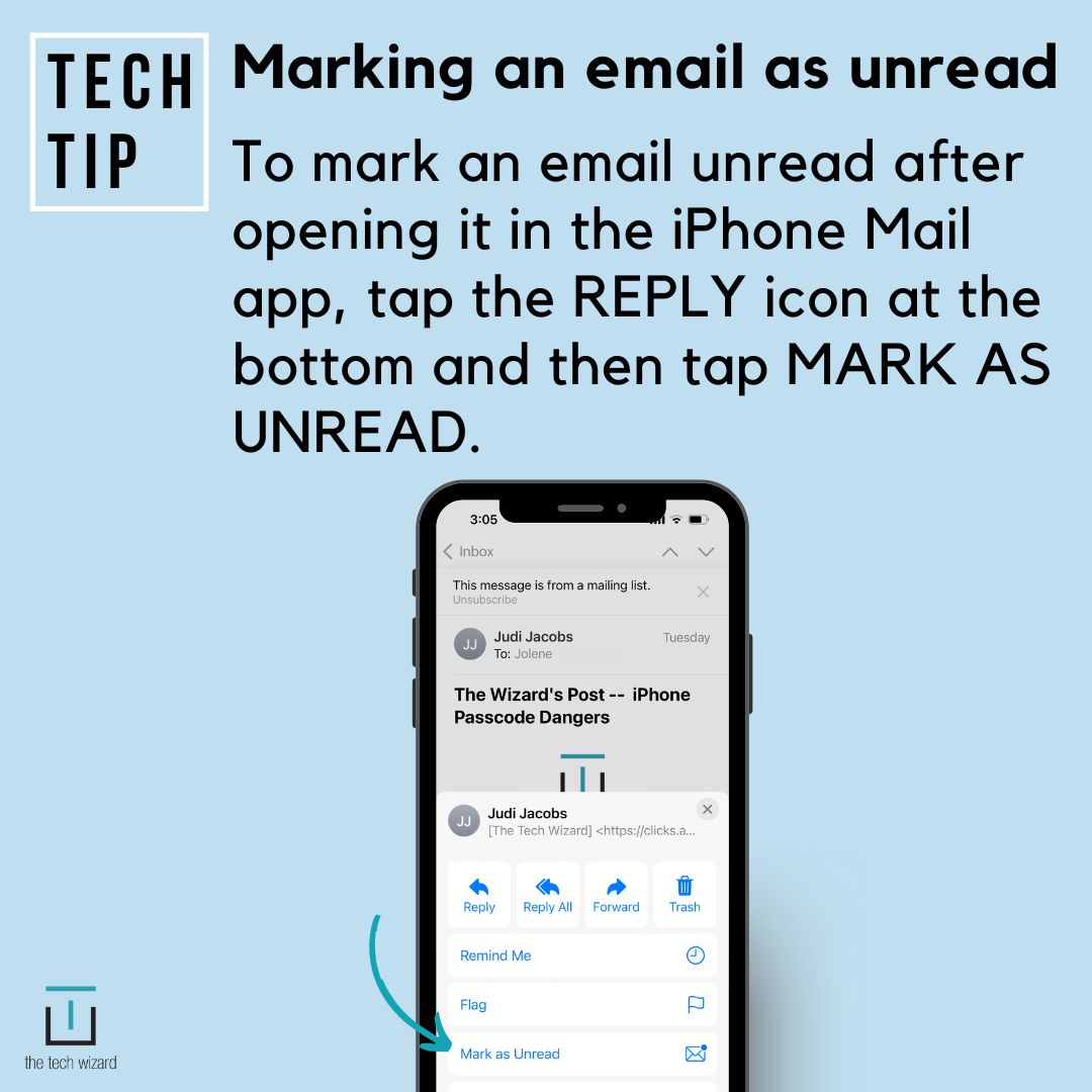 thetechwizard11's tweet photo. TECH TIP TUESDAY! To mark an email unread after opening it in the iPhone Mail app, tap the REPLY icon at the bottom and then tap MARK AS UNREAD. https://t.co/8fgxHdzWG6