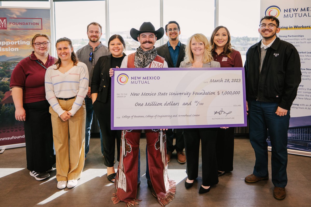 NMSUFoundation's tweet image. The #NMSUFoundation is honored to announce a charitable gift of $1M from #NewMexicoMutual to support @nmsucob, @NMSU_engineer &amp;amp; @ATI_Arrowhead. This gift will ensure even more @nmsu students in engineering, business development, and insurance have a successful future! @NMSUNews