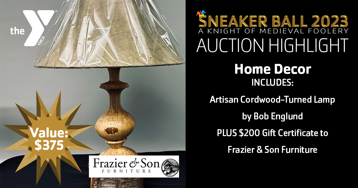 The Sneaker Ball 2023 Silent Auction is open! Check out this item up for bids: HOME DECOR - Refresh your home furnishings with this artisan cordwood-turned lamp from the Bob Englund Collection, PLUS A $200 gift certificate to Frazier &amp; Son Furniture.  bit.ly/SB-2023-Auction