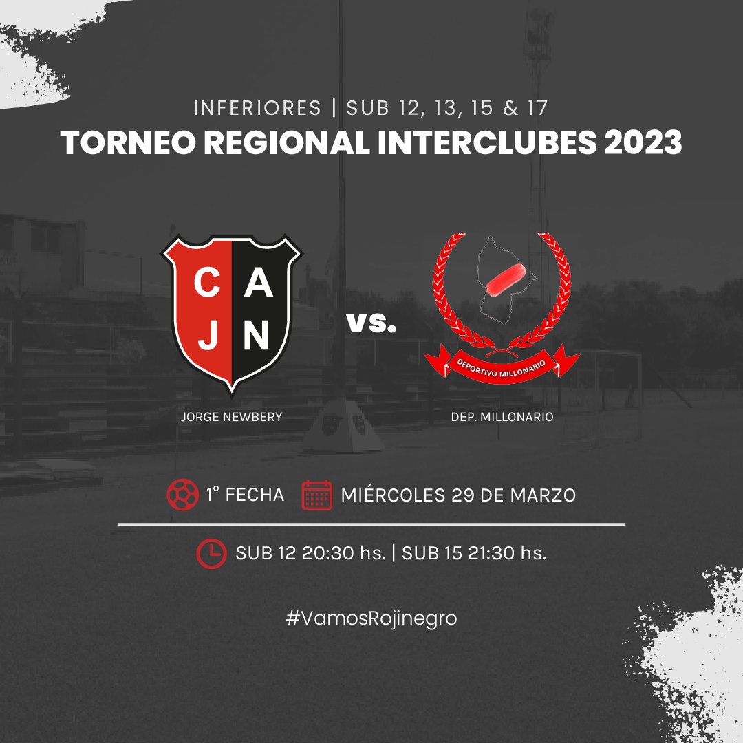 #FútbolInferiores
Mañana a partir de las 20:30 hs. las categorías #Sub12 y #Sub15 disputarán la primera fecha del #TorneoRegionalInterclubes2023 ante Deportivo Millonario 🔴⚫ #VamosRojinegro