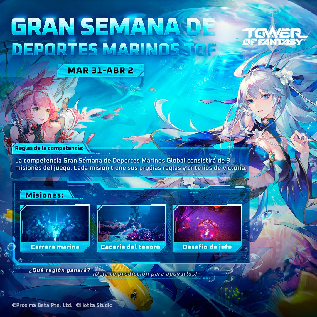 ToF_ES_OFICIAL's tweet photo. Mientras esperamos la próxima versión, 24 creadores de 6 regiones ya están completamente preparados para la Gran Semana de Deportes Marinos.

¡Ven a animar a tu creador y región favoritos!

#ToFBajoElGranMar #ToFSportsweek #ToFantasea https://t.co/ORqFrHB2J7