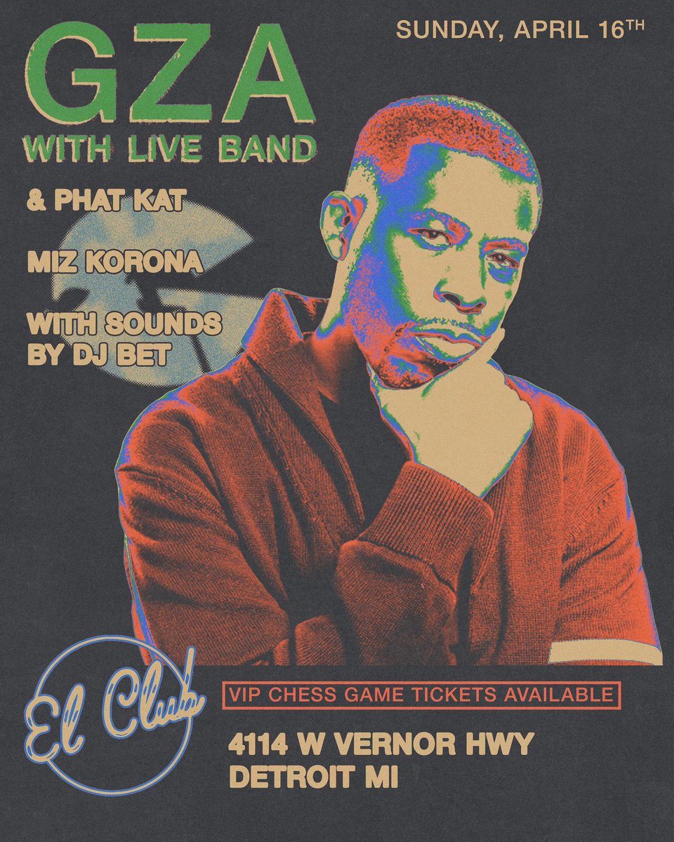 Less than a month before the legendary GZA (of Wu Tang Clan) returns to El Club with a full band plus support from Phat Kat and Miz Korona. April 16th. Tickets going fast ♟ bit.ly/GZALiveBandElC…