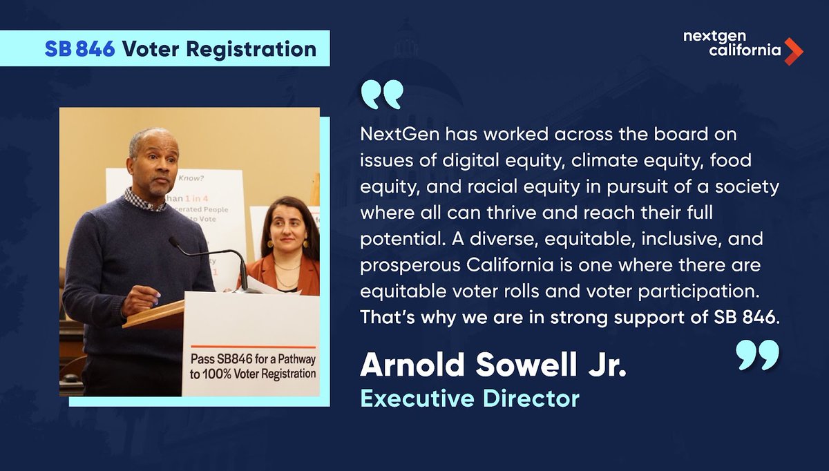 NextGen_Policy's tweet photo. “A diverse, equitable, inclusive, and prosperous California is one where there are equitable voter rolls and voter participation. That’s why we’re in strong support of #SB846!” ☑️🗳️
Our Executive Director, Arnold Sowell Jr., called on #CALeg to support SB 846 & #SecureAVR! https://t.co/TMCrQ0MXuJ