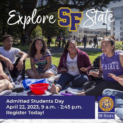 SFSUDECI's tweet photo. 🐊Newly admitted undergrad Gators🐊
Join us on Saturday, April 22 from 9 a.m. to 2:45 p.m. to Explore and Envision life at SF State (@SFSU) and for a chance to win tickets to a @SFGiants game!
Register now - https://t.co/tf9sRIDtk7 https://t.co/PDOdVuEXQP