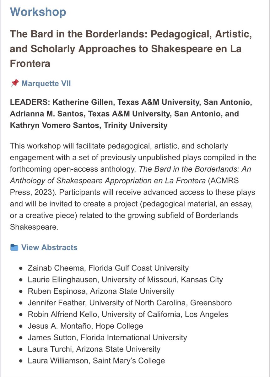 I'm excited to present at The Bard in the Borderlands Workshop at the SAA 2023 Conference! My paper is called 'Borderland Soundscapes: The Corrido in Latinx Appropriations of Romeo and Juliet.' Our Workshop is on Friday, March 31st, from 11 am to 1 pm. Come by! #ShakeRace