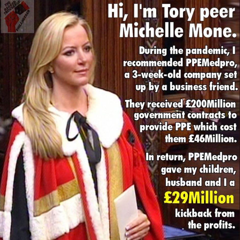 Just to remind us while we’re hearing that the government can’t afford pay rises for front line #NHS workers

Michelle Mone pocketed £29 million during the pandemic for substandard PPE

Pls RT if you think she should pay it back. Pronto.