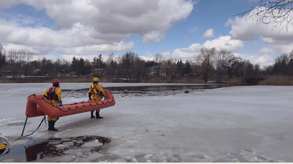 “A” Platoon was training on Fairy Lake today on how to safely and effectively perform an ice water rescue. Training will continue during the day, tomorrow, Wed, & Thurs. #StayOffThinIce #OurFamilyProtectingYourFamily