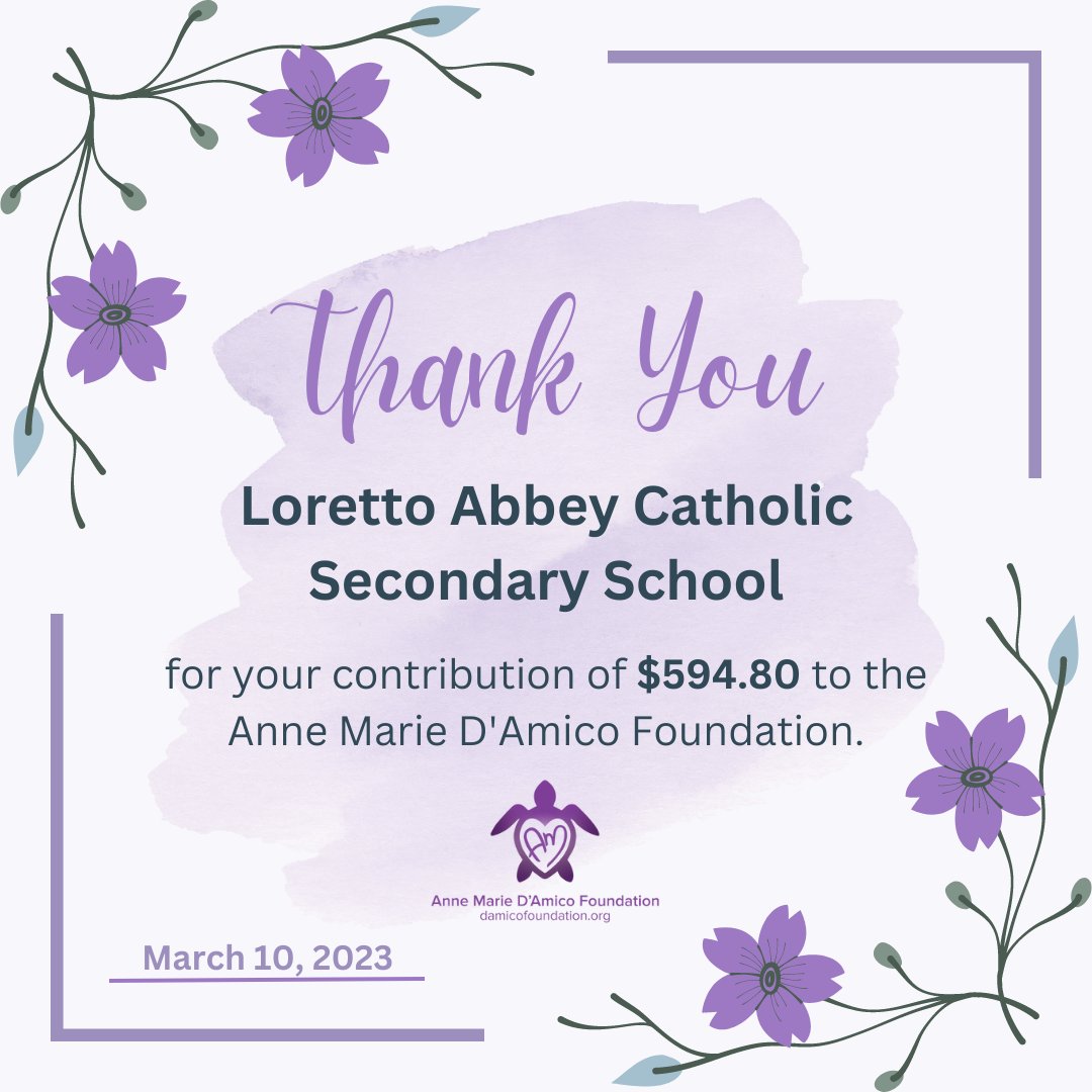damicofdn's tweet photo. For International Women's Day, we received a very special donation from the high school Anne Marie graduated from!

Thank you to the staff and students at Loretto Abbey Catholic Secondary School for your hard work and dedication to supporting Anne Marie's legacy. #AMDFTo https://t.co/ZfOPkZ2X2m
