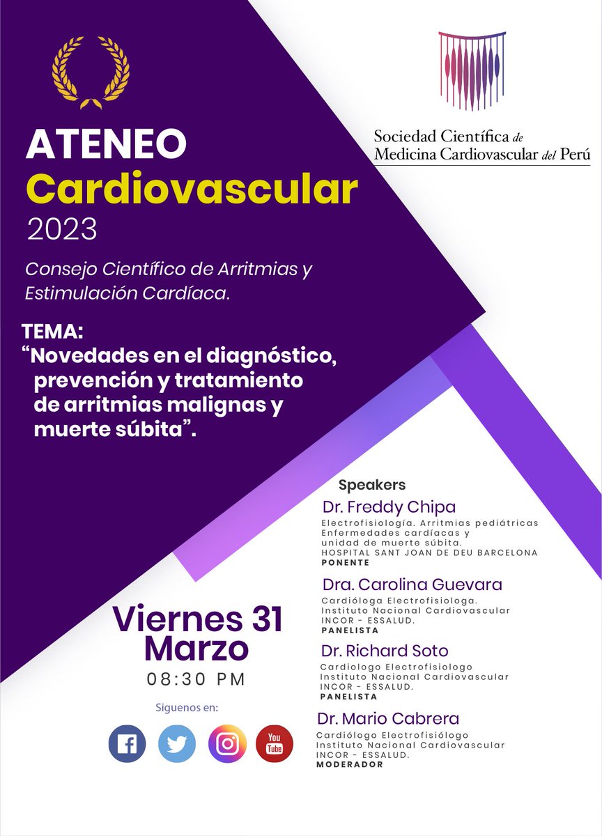 socimecar's tweet photo. Presentamos nuestro siguiente webinar:
"Novedades en el diagnóstico, prevención y tratamiento de arritmias malignas y muerte súbita", la cual se realizará:
🗓️Fecha: Viernes 31 de marzo del 2023
🕗Hora: 08:30 pm.
📍Modalidad: Virtual
💻Enlace registro: https://t.co/qIVijXlVJR https://t.co/ynvSIzHaJ9