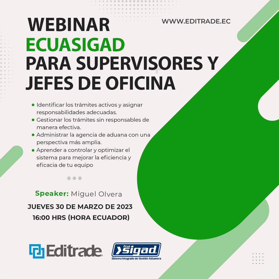 EcuaSigad's tweet photo. Webinar EcuaSIGAD para Supervisores y Jefes de Oficina
📅 Jueves 30 de marzo de 2023
⏰ 16:00 hrs (Hora Ecuador)
👨💻Miguel Olvera
➡️ Inscripción: https://t.co/81dG26mHH5
¡Contamos con su asistencia!
#Editrade #EcuaSIGAD https://t.co/1Gjks5o4zW