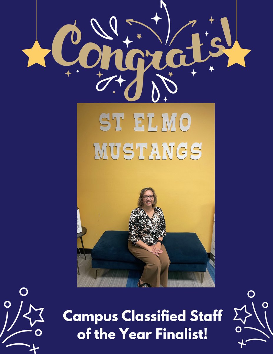 MsRocioRuiz's tweet photo. Congratulations to our very own @StElmoMustangs Sonia. She is one of four finalists for AISD’s Campus Classified Staff of the Year! We all know she is the heart of the school and goes above and beyond to help all parents, staff, and students! https://t.co/EY5igxkr3R