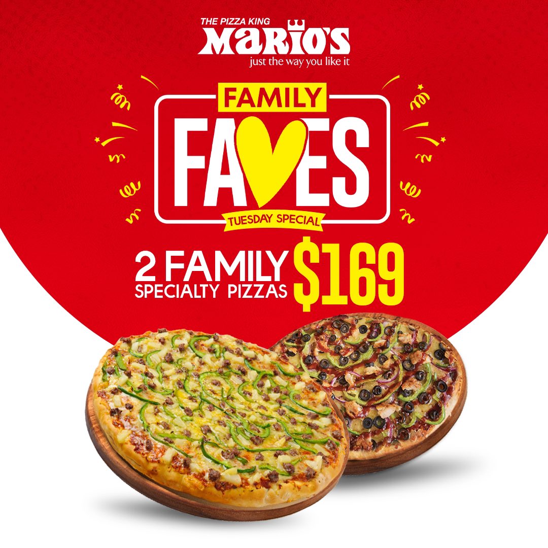 Run don’t walk and get your twosday fix🤤. We can’t wait to serve you! 

Enjoy two family speciality pizzas for only $169! 

#TuesdaysWithMarios 
#TwosdayTuesday 
#morevalue #mariospizza #trinidad #trinidadfood