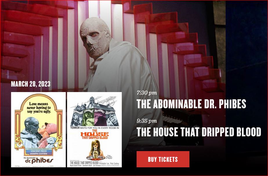 PhibesForever's tweet image. #TheAbominableDrPhibes (1971) screens tonight! Tuesday March 28th, at 7:30pm paired with #TheHousethatDrippedBlood (1971) at 9:35pm. BOTH IN 35mm ! #PHIBES