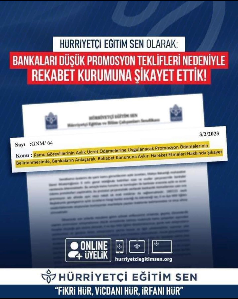 Hürriyetçi Eğitim Sen olarak;
Bankaların anlaşarak düşük promosyon teklifleri vererek  rekabet kanununa aykırı hareket etmeleri sebebiyle rekabet kurumuna şikayette bulunduk.