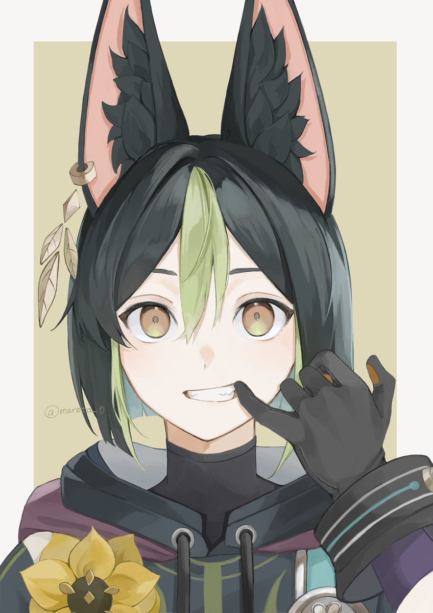 1boy male focus gloves animal ears fox boy solo green hair  illustration images