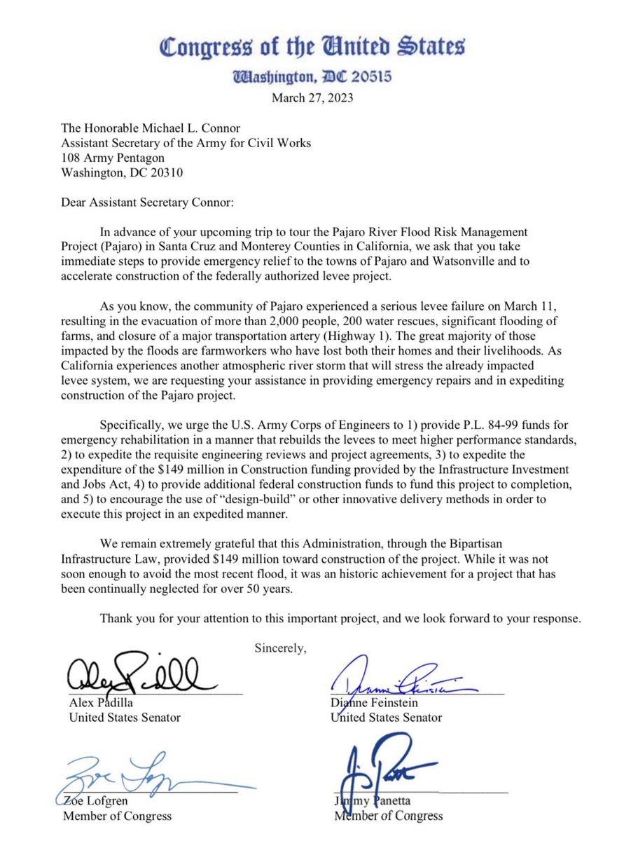 SupervisorAlejo's tweet photo. ¡El Senador de los Estados Unidos #AlexPadilla y la Senadora #DianneFeinstein y los Congresistas #ZoeLofgren y #JimmyPanetta enviaron esta carta a los Ingenieros del Ejército ayer solicitando fondos federales acelerados y permisos acelerados para el proyecto de mejora del dique del Río Pájaro!

¡Este proyecto debe avanzar más rápidamente para proteger mejor a la comunidad de #Pajaro!