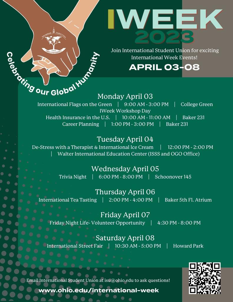 Hello everyone! The wait is finally over as I- Week is around the corner. See the flyer for all the details of the events throughout the week. See you all soon.

#iweek2023💚💚#isuou#ohiouniversity