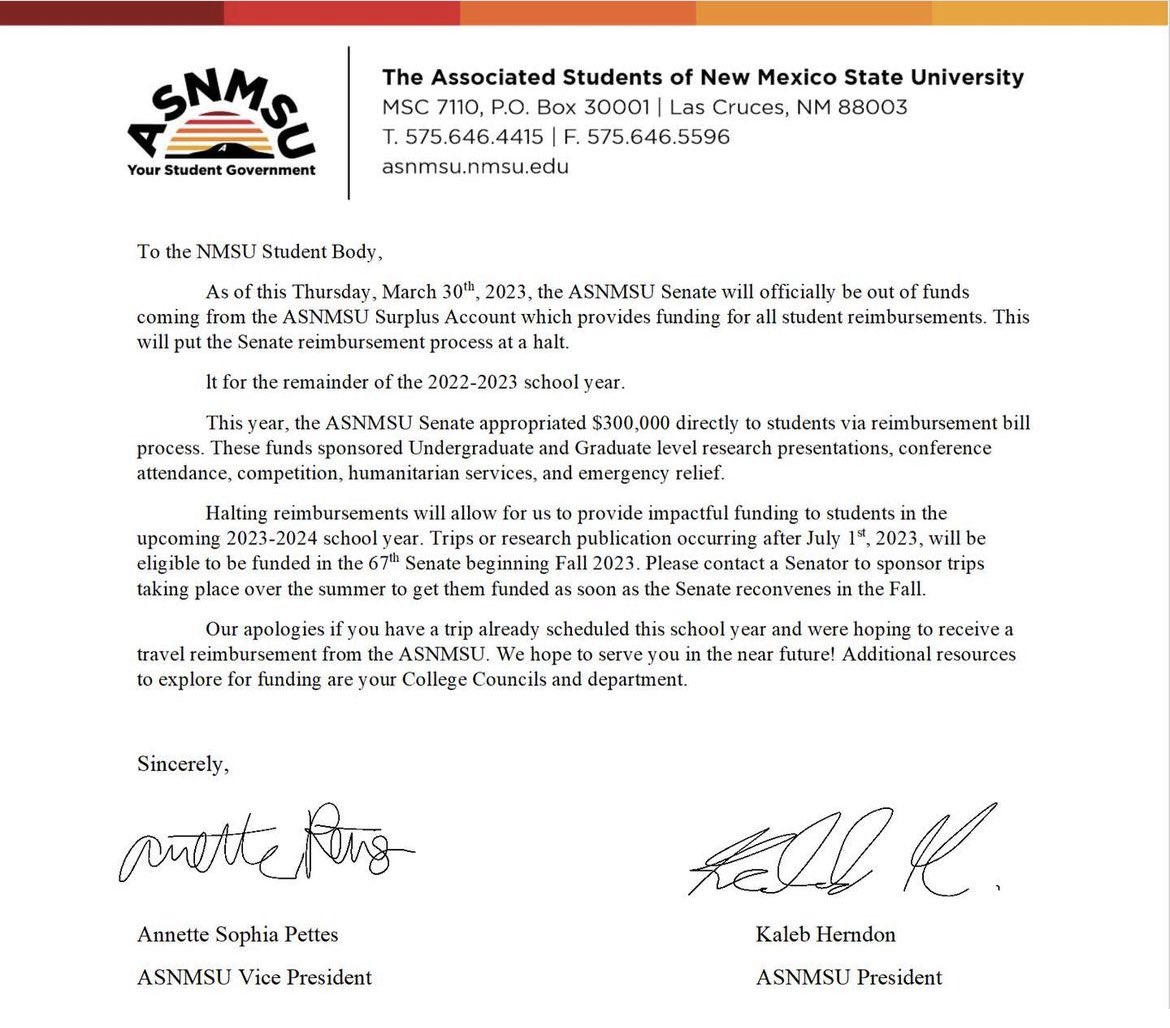 BREAKING: ASNMSU has announced that on Thursday March 30, the <a href="/ASNMSU/">Associated Students of New Mexico State University</a> senate will run out of funds to reimburse campus organizations seeking to take sponsored trips for the remainder of the semester. Read the full statement below. 

#NMSU