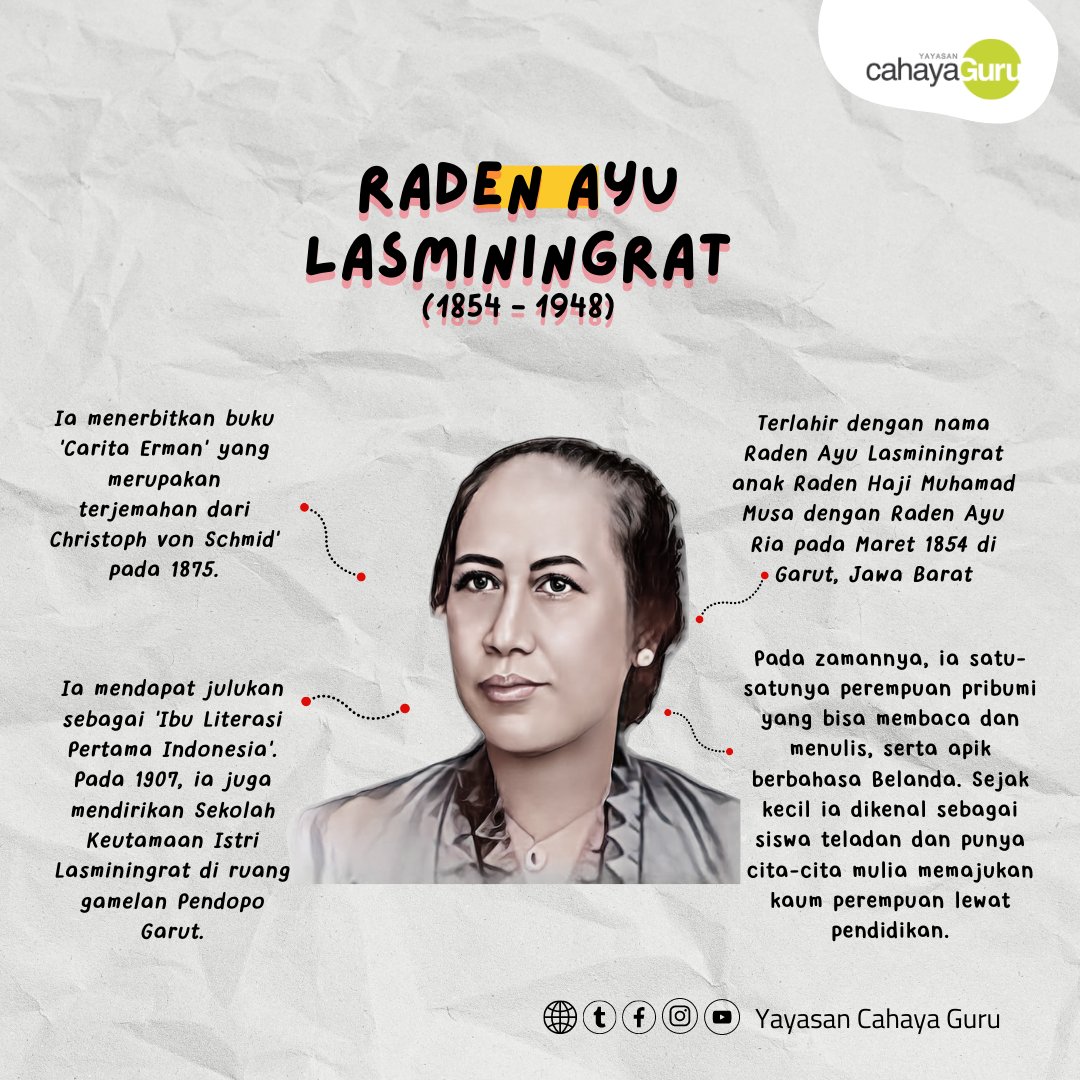 cahayaguru's tweet image. Raden Ayu Lasminingrat dikenal sebagai pelopor kemajuan wanita.
#TokohPerempuan #Kesetaraan #YCG #Keberagaman