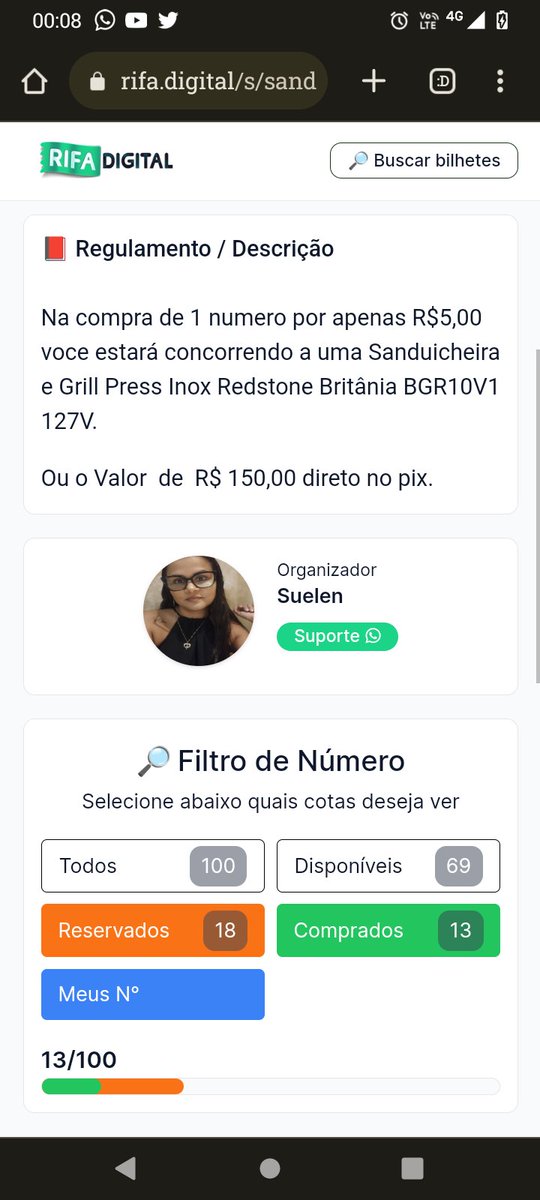 Estou fazendo uma Rifa Sanduicheira/Grill Britânia, e cada bilhete está custando R$ 5,00.
O link da minha campanha é este rifa.digital/s/sanduicheira… 
Vamos lá pessoal, garanta logo os seus!💪