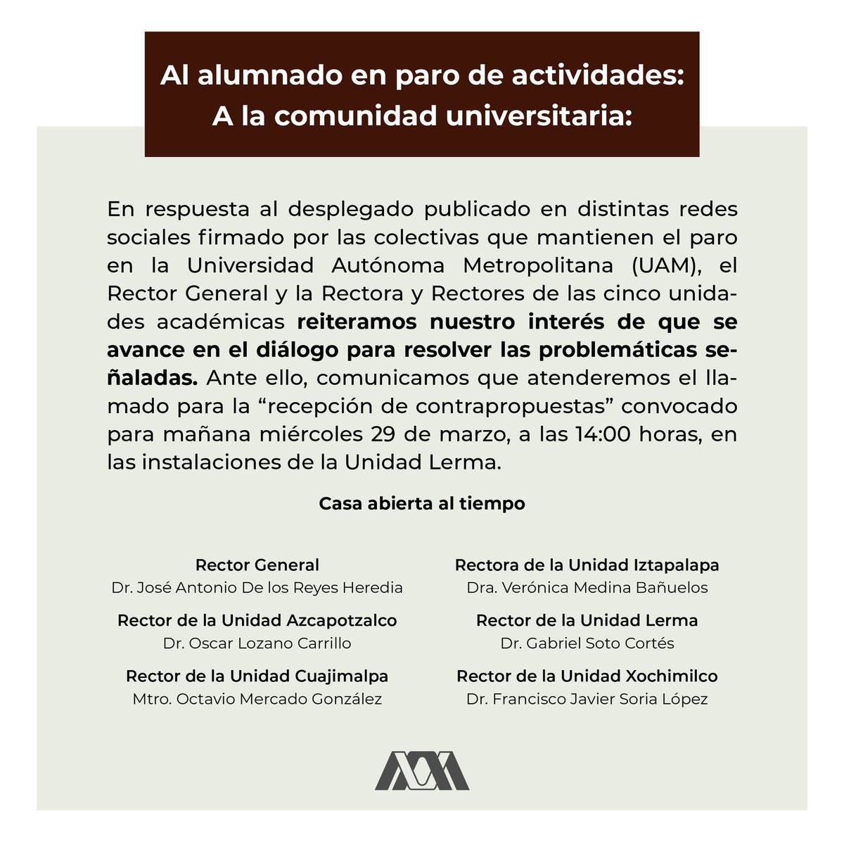 📣 ¡Información importante! Al alumnado en paro de actividades, a la comunidad universitaria
.
#UAM #SoyUAM
#ComunicadoUAM
