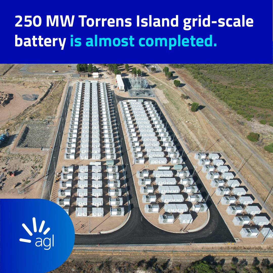 AGLEnergy's tweet photo. Check out the almost completed 250 MW Torrens Island grid-scale #battery in South Australia, which is in the final stages of becoming operational and is expected to be fully up and running by mid-2023. #EnergyStorage #GridScaleBattery https://t.co/0l12kaxU9N