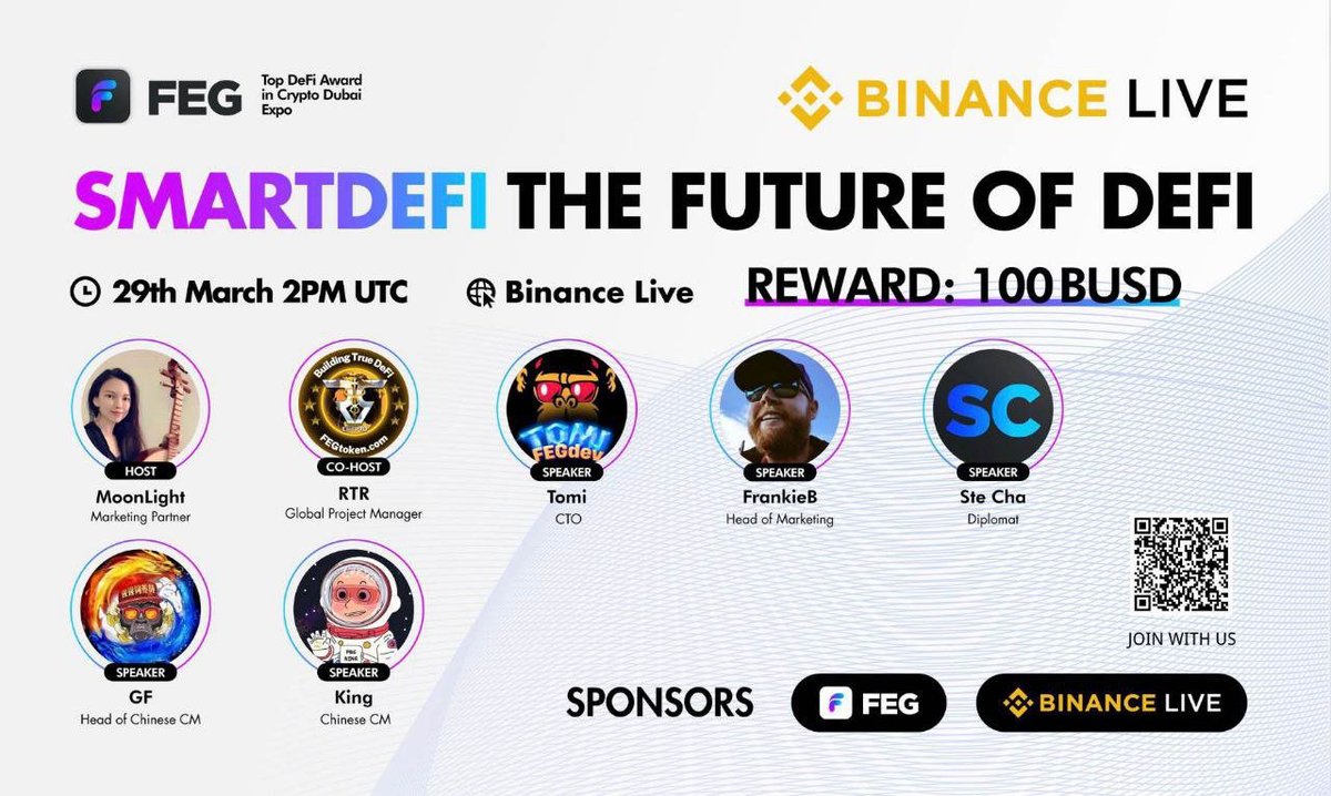 $FEG x #Binance Live:
"SmartDeFi: The Future of DeFi"

Join us to dive into the FEG ecosystem &amp; what's to come!

March 29th, 2pm UTC/10am EST

binance.com/en/live/video?…

#FEGtoken #FEG #BTC #Bitcoin #ETH #Ethereum #DeFi #CryptoCurrency $XRP #Arbitrum #SHIB #Safemoon @Bitboy_Crypto