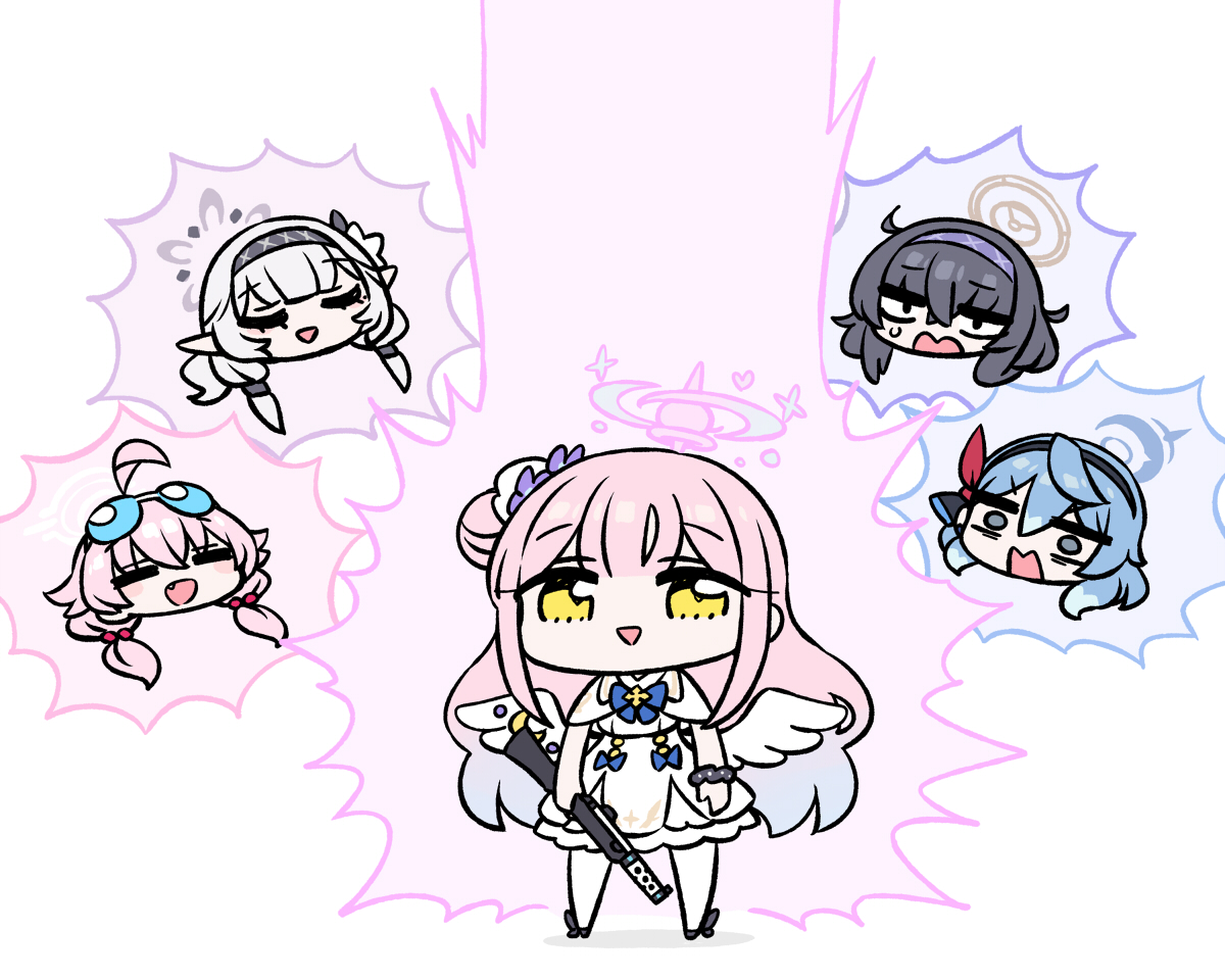 mika (blue archive) multiple girls halo pink hair weapon gun single side bun chibi  illustration images