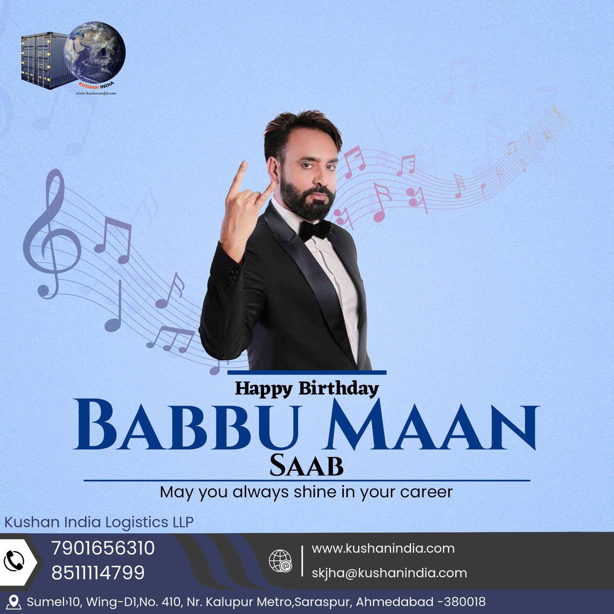kushanindia's tweet photo. Greetings from Kushan India Logistics LLP
#Singer #BestSellingPunjabiAlbums #Indian #Screenplaywriter #AmbassadorofOneHope #Actor #Music #MusicDirector #SongFeature #Babbu #brandsdotliv https://t.co/GNrCmAYxEx