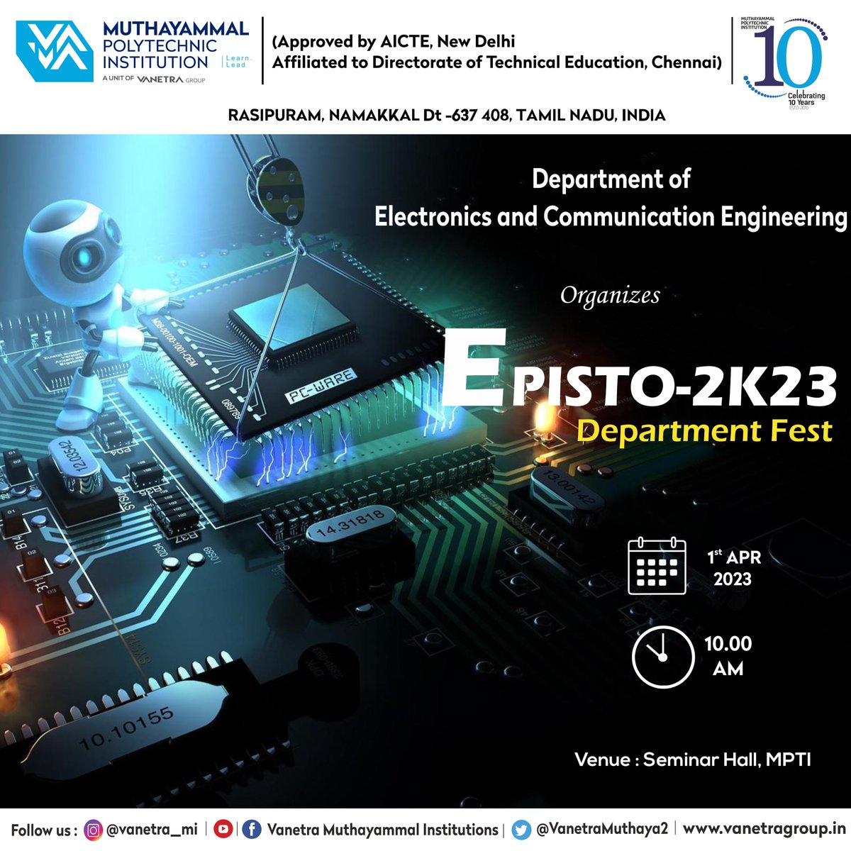 VanetraMuthaya2's tweet image. Department of Electronics and Communication Engineering organises EPISTO 2K23-Department Fest on 01.04.2023.
#ECE #electronics #electronicsprojects #electronicsengineering #engineer #festival #Department #viral #trendingnow #viral #todaytrend #todaytrending #departments #episto