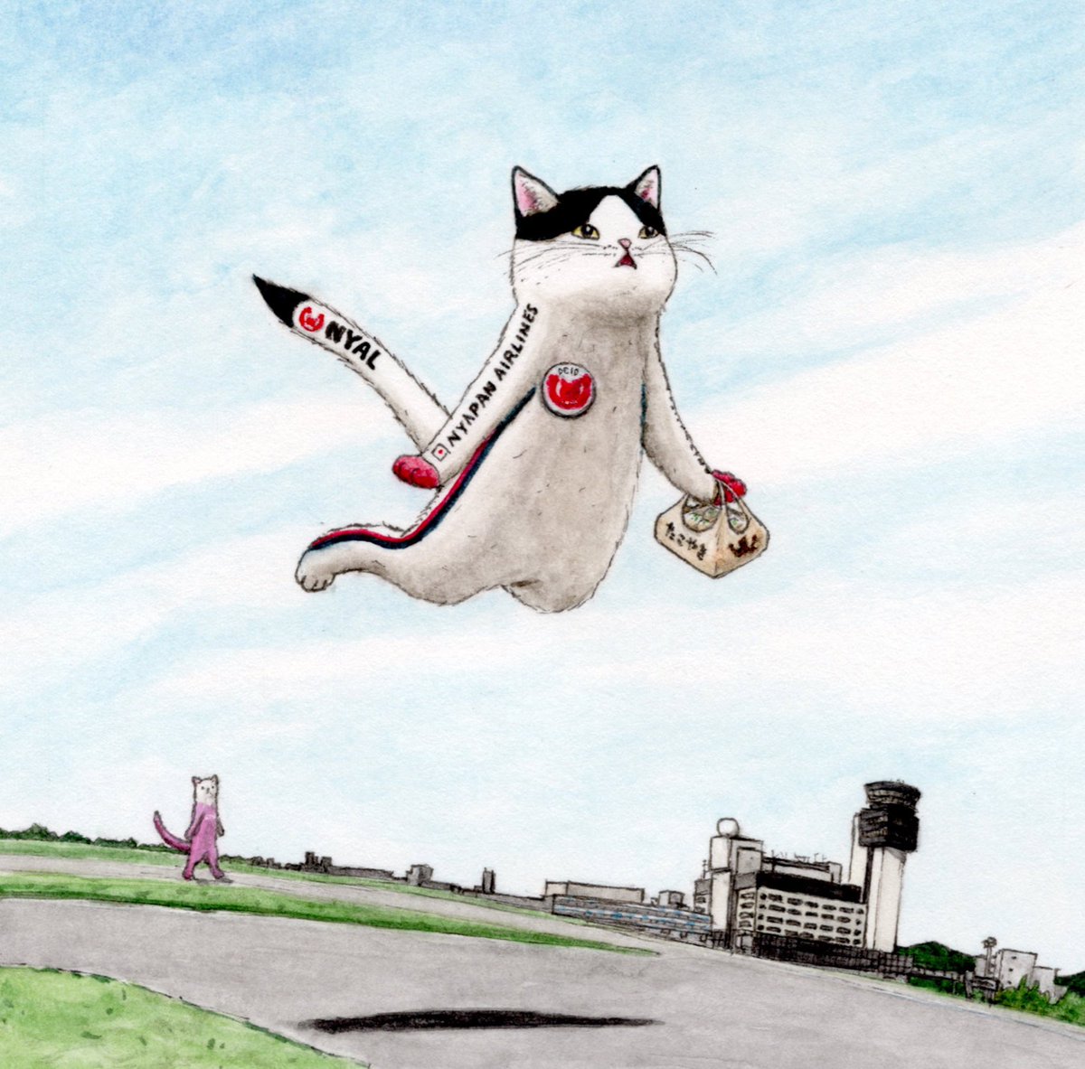 no humans airplane cat aircraft traditional media colored pencil (medium) animal  illustration images