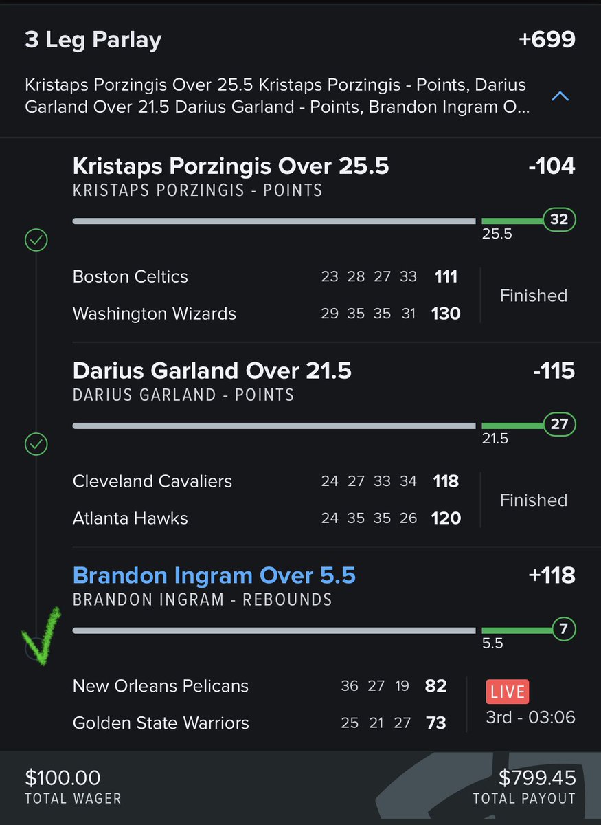 🚨CONGRATULATIONS IF YOU TAILED🚨
#GamblingTwitter 

$100➡️$799✅🏆 

⚠️CASH A BANGER OF A PARLAY IM SLEEPING GOOD TONIGHT AND I HOPE YOU ARE TOO 

⚠️BUILDING UP THE BANKROLL JUST IN TIME FOR MLB STARTING THURSDAY, IF YOU ARE INTERESTED IN A 50% OFF PROMO CODE DM ME