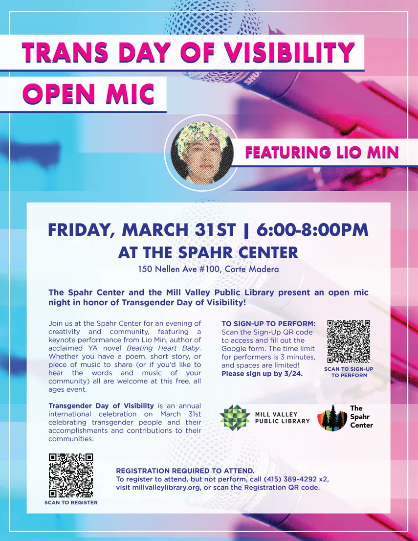 MCOE Ed Services (@mcoepd) on Twitter photo THIS FRIDAY is Trans Day of Visibility (#TDoV). To honor this day, <a href="/TheSpahrCenter/">The Spahr Center</a> and the
@millvalleylib will present an open mic night to celebrate transgender people's accomplishments and contibutions to our communities. Registration required: millvalleylibrary.libcal.com/event/10498493 THIS FRIDAY is Trans Day of Visibility (#TDoV). To honor this day, <a href="/TheSpahrCenter/">The Spahr Center</a> and the
@millvalleylib will present an open mic night to celebrate transgender people's accomplishments and contibutions to our communities. Registration required: millvalleylibrary.libcal.com/event/10498493