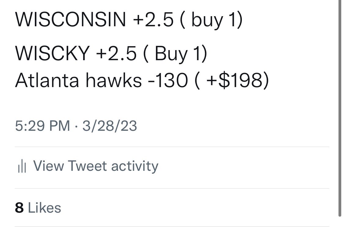 BetLabAnalytics's tweet photo. FREE PLAY .. ATLANTA HAWKS -130 

VIP PLAY 
ATLANTA HAWKS 
WISCONSIN +2( +198) 

Let’s go Wisconsin 
Let’s go Atlanta Hawks ( Free play) https://t.co/200hr6c3hn