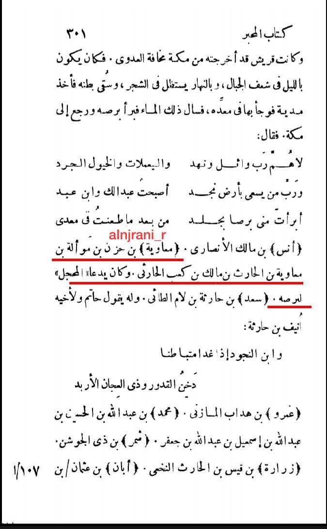 alnjrani_r's tweet photo. معاوية بن حزن بن موأله بن معاوية بن الحارث بن مالك بن كعب الحارثي يدعى المحجل لبرصه
ابنه يزيد له نقش في #نجران وهو من ضمن وفد بنو  #الحارث_بن_كعب أهل #نجران ؁  ١٠هـ  الوافدين على رسول الله ﷺ
📚 كتاب المحبر
للعلامة الاخباري النسابة محمد بن حبيب الهاشمي ت ٢٤٥هـ https://t.co/PUe65BTp3f