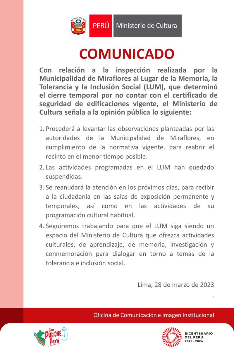 MinCulturaPe's tweet photo. #COMUNICADO 📢 | Con relación a la inspección realizada por la Municipalidad de Miraflores al Lugar de la Memoria, @LUMoficial, que determinó el cierre temporal, el Ministerio de Cultura informa a la ciudadanía lo siguiente: https://t.co/mnpupImV5m