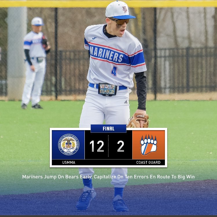 USMMA_Baseball's tweet photo. Another great team win today!  Solid pitching from Jacob Syversen and the bullpen. Good defense and really good approach at the plate to tally 12 hits and 12 more runs. Even some juice from Senior SS Jared Chambers for a solo shot! #OURAcademy ⁦⁦@d3baseball⁩ https://t.co/9RKl8gSnPx