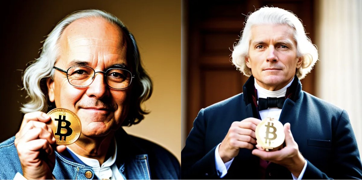 jim_1618's tweet photo. US founding fathers were revolutionary thinkers ahead of their time, and if they were alive today, they'd be #Bitcoin HODLers. Imagine Ben Franklin and Thomas Jefferson holding #BTC! The future is decentralized.

#Bitsignal @balajis @bankless @Breedlove22 @ojasuno @TNSCreators https://t.co/4JZMp4Yu4v