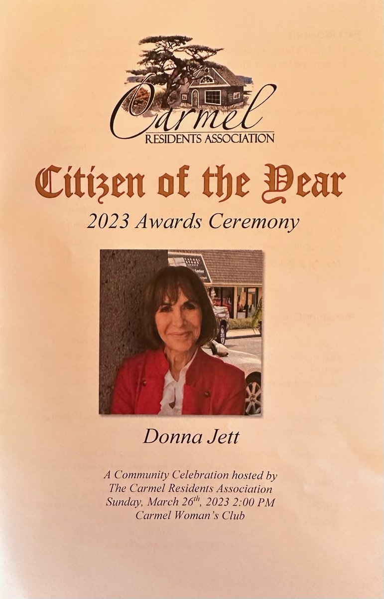 The Carmel Chamber and its members are so proud of Donna Jett, our 2023 Citizen of the Year.  Special thanks to the #CRA for this recognition.   An honor that was so well deserved.  Donna all of #Carmel and #montereycounty loves you and all you do for our community.