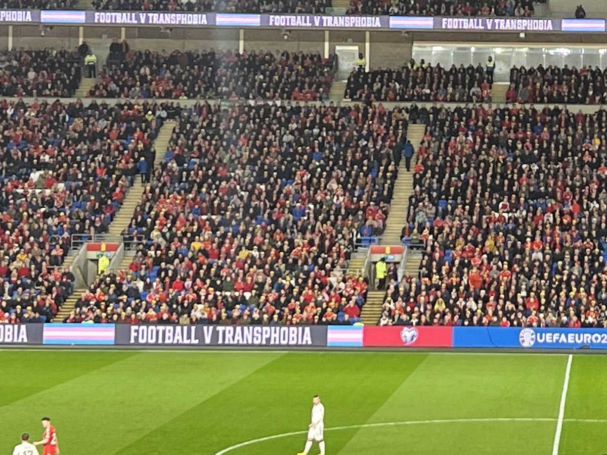 Couldn't have been more proud to have seen this messaging around a sold out CCS during a Mens International Match 🏳️‍⚧️🏴󠁧󠁢󠁷󠁬󠁳󠁿 

#TogetherStronger #PAWB #TransFootyAlly